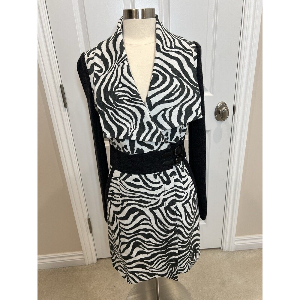Etcetera Overcoat Fitted Long Jacket Sz 6 Mixed Animal Print Collard Belted